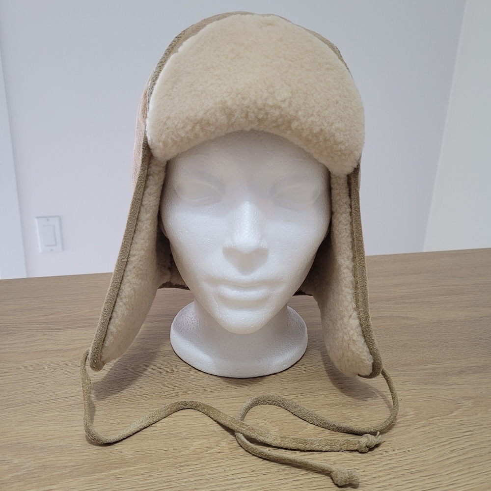 Sheepskin Aviator Trapper Mountie Hat Cozy Warm Unisex Winter Tan Medium